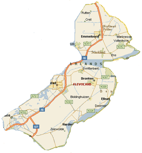 Kaart van Flevoland met steden en regio's