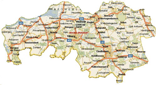 Kaart van Noord-Brabant met steden en regio's